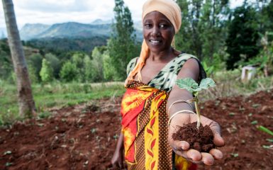 Sharifa Juma digs terraces to stop soil erosion. Credit: Georgina Smith / CIAT