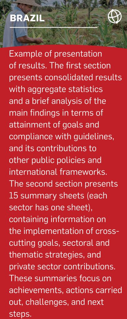 Brazil: Example of presentation of results. The first section presents consolidated results with aggregate statistics and a brief analysis of the main findings in terms of attainment of goals and compliance with guidelines, and its contributions to other public policies and international frameworks. The second section presents 15 summary sheets (each sector has one sheet), containing information on the implementation of cross-cutting goals, sectoral and thematic strategies, and private sector contributions. These summaries focus on achievements, actions carried out, challenges, and next steps.
