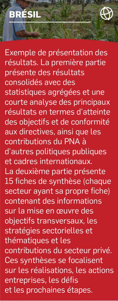 Exemple de présentation des résultats. La première partie présente des résultats consolidés avec des statistiques agrégées et une courte analyse des principaux résultats en termes d'atteinte des objectifs et de conformité aux directives, ainsi que les contributions du PNA à d’autres politiques publiques et cadres internationaux. La deuxième partie présente 15 fiches de synthèse (chaque secteur ayant sa propre fiche) contenant des informations sur la mise en œuvre des objectifs transversaux, les stratégies sectorielles et thématiques et les contributions du secteur privé. Ces  synthèses se focalisent sur les réalisations, les actions entreprises, les défis et les prochaines étapes.