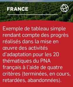 Exemple de tableau simple rendant compte des progrès réalisés dans la mise en œuvre des activités d’adaptation pour les 20 thématiques du PNA français à l’aide de quatre critères (terminées, en cours, retardées, abandonnées).